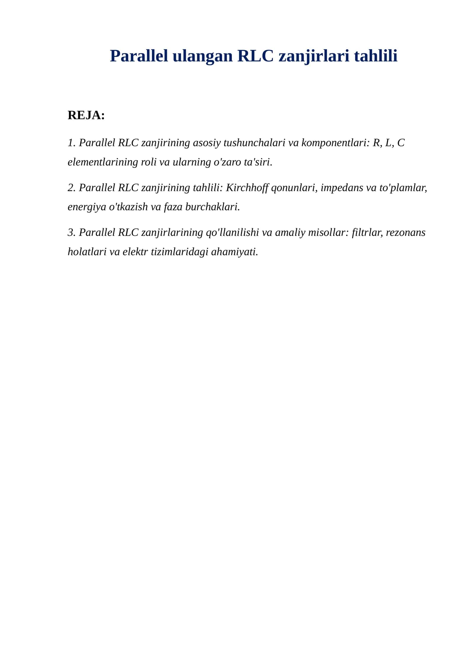 Parallel ulangan RLC zanjirlari tahlili