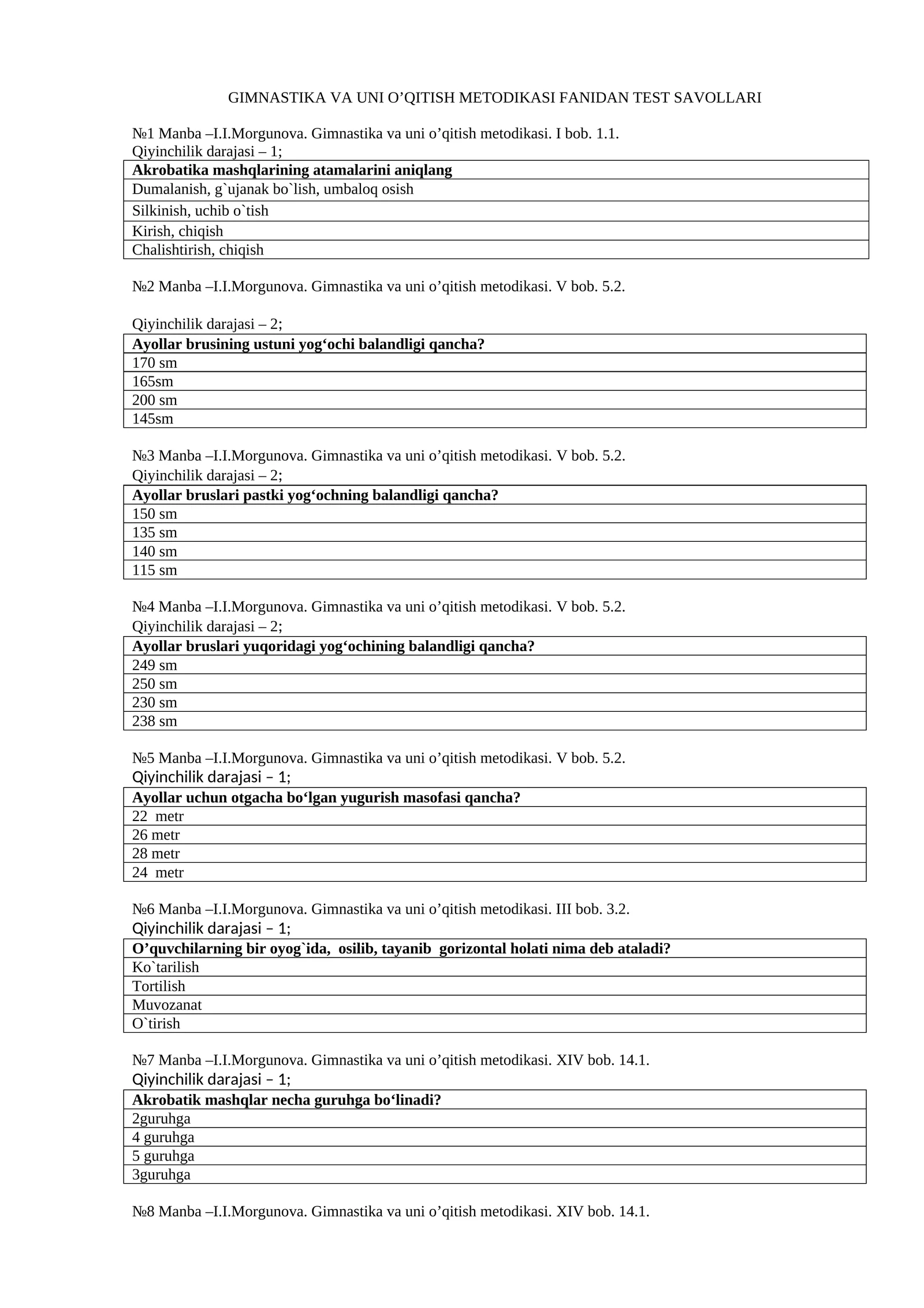 GIMNASTIKA VA UNI O’QITISH METODIKASI FANIDAN TEST SAVOLLARI
