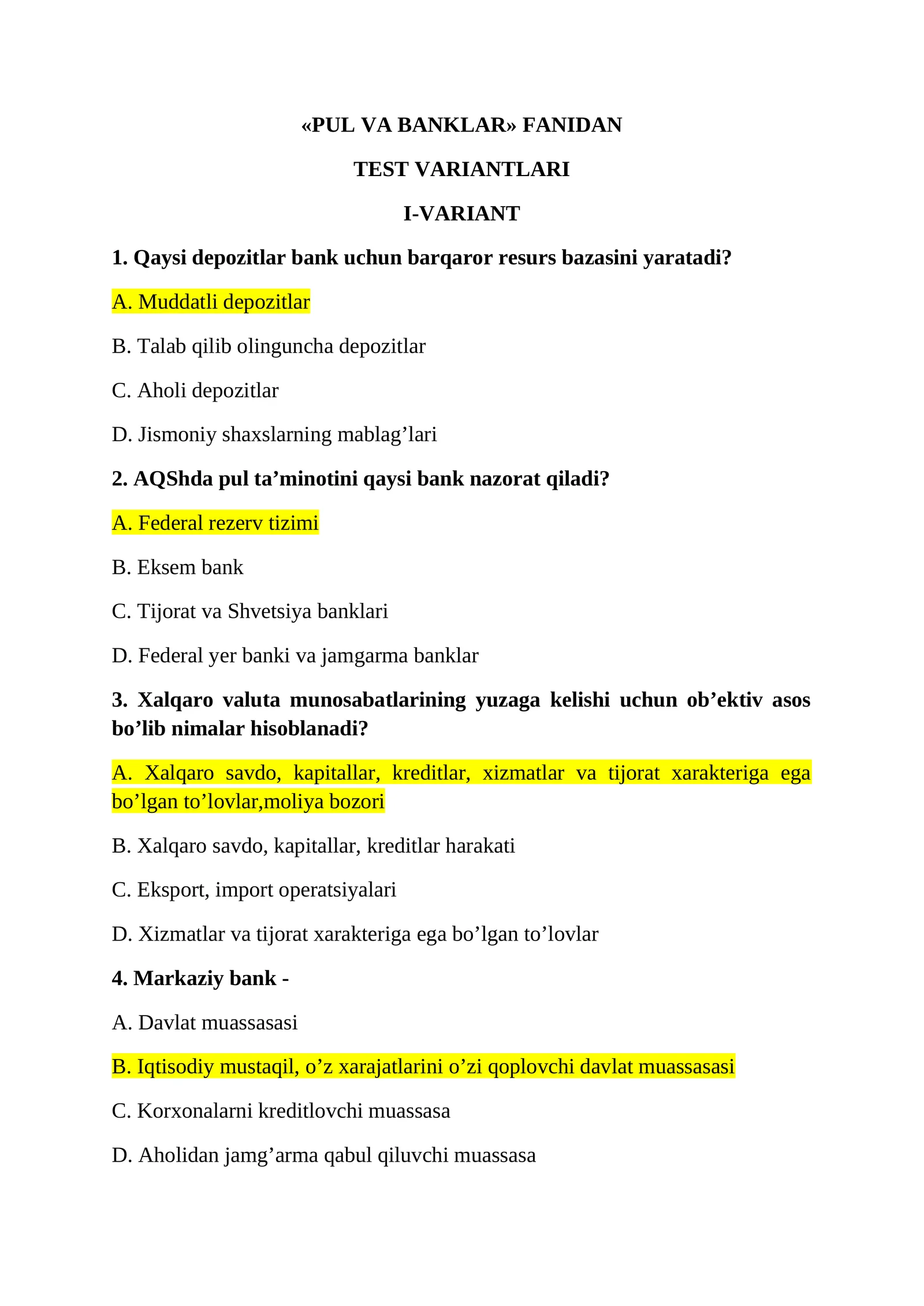 «PUL VA BANKLAR» FANIDAN TEST VARIANTLARI