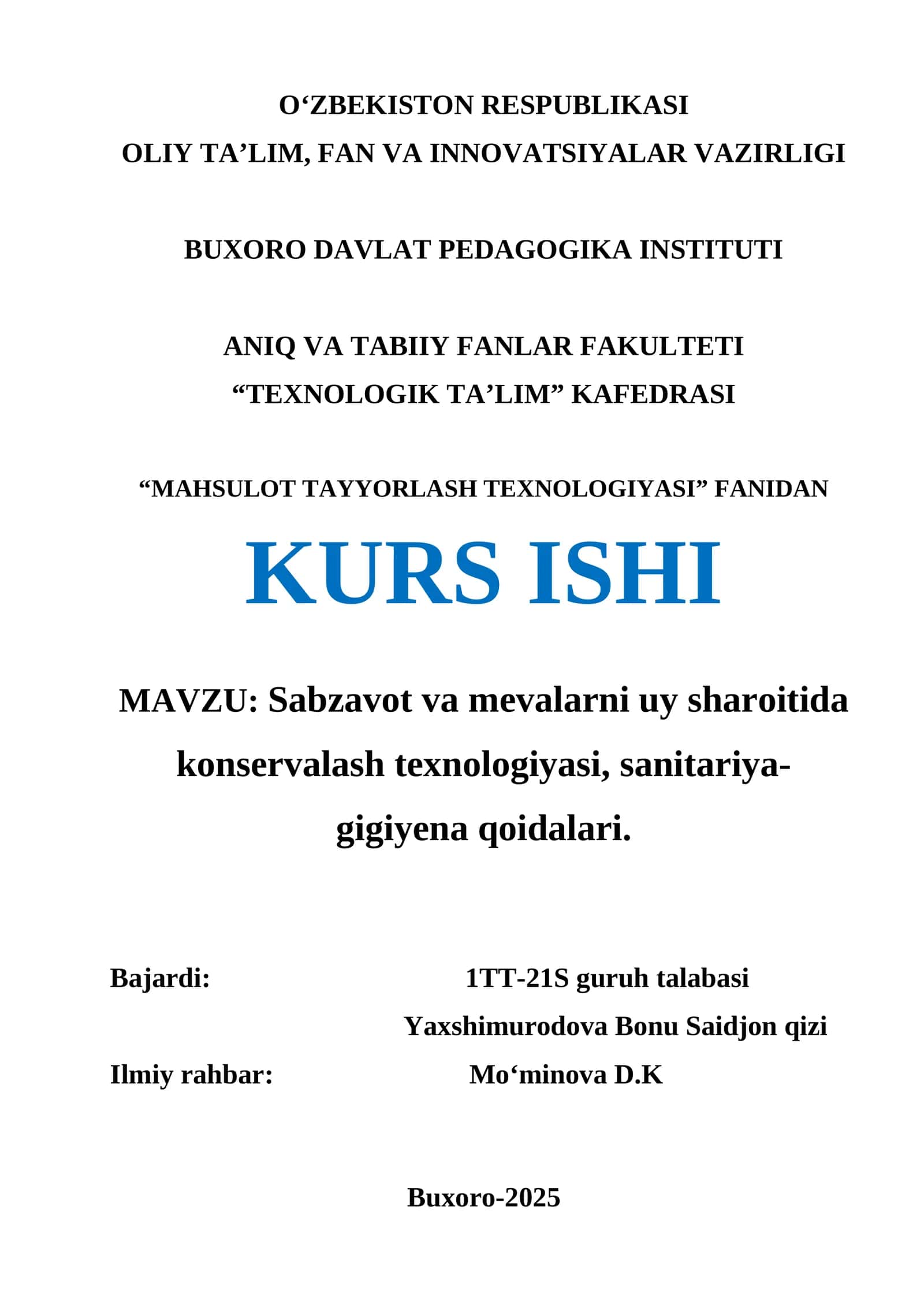 Mahsulot Tayyorlash Texnologiyasi