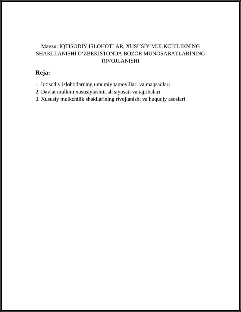 IQTISODIY ISLOHOTLAR, XUSUSIY MULKCHILIKNING SHAKLLANISHI