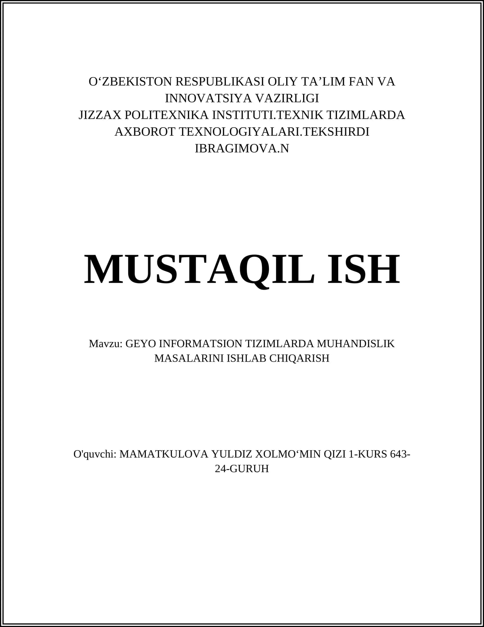 GEYO INFORMATSION TIZIMLARDA MUHANDISLIK MASALARINI ISHLAB CHIQARISH