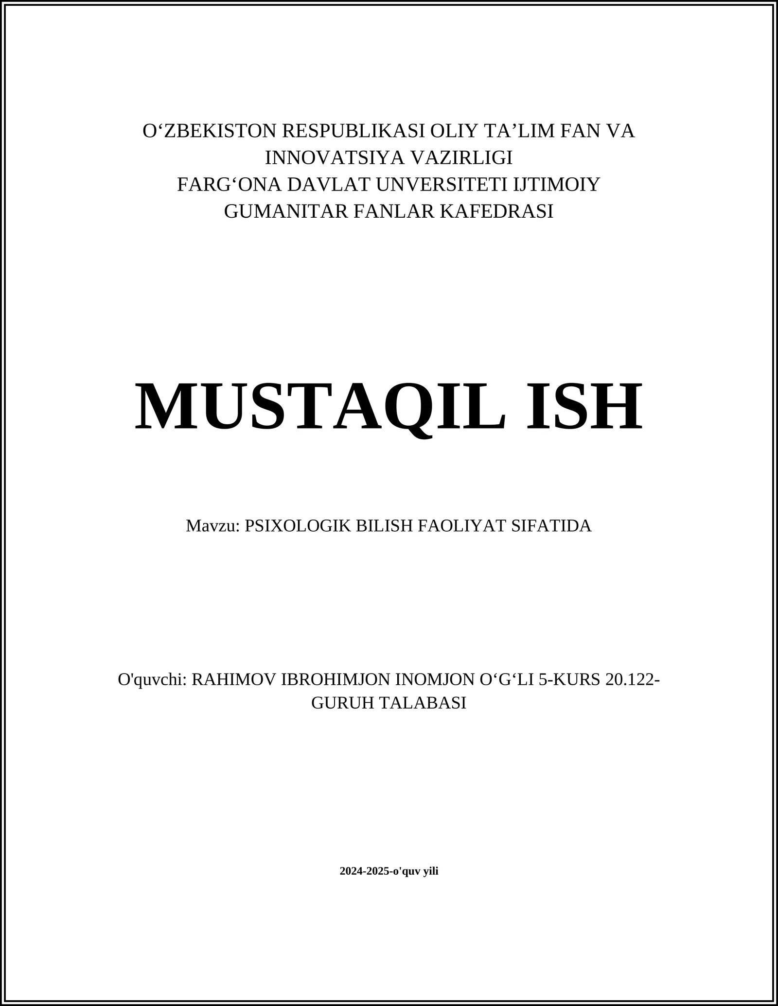PSIXOLOGIK BILISH FAOLIYAT SIFATIDA