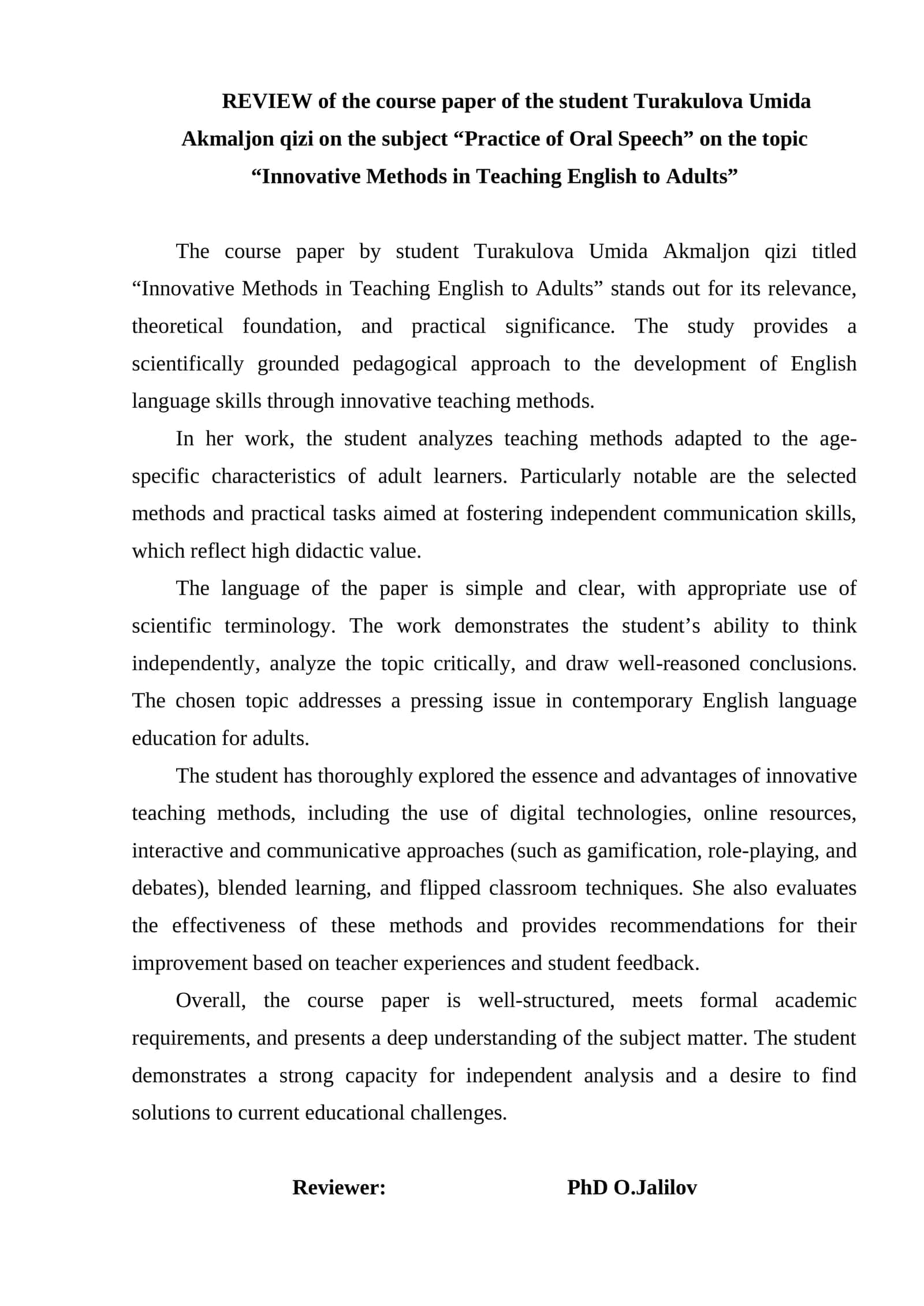Course paper on "Innovative Methods in Teaching English to Adults"