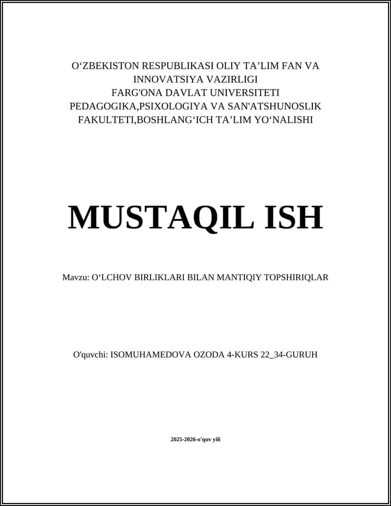 OʻLCHOV BIRLIKLARI BILAN MANTIQIY TOPSHIRIQLAR