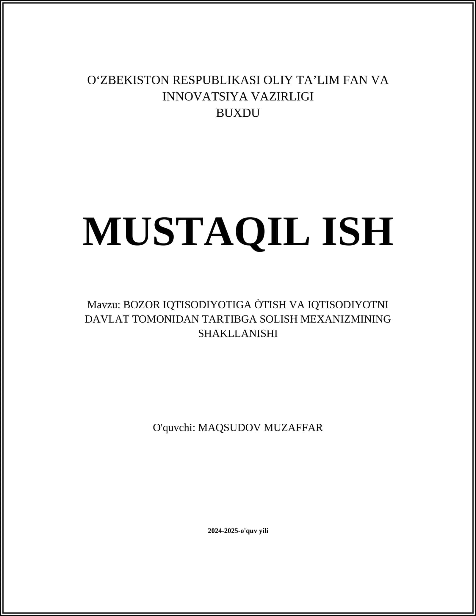 BOZOR IQTISODIYOTIGA ÒTISH VA IQTISODIYOTNI DAVLAT TOMONIDAN TARTIBGA SOLISH MEXANIZMINING SHAKLLANISHI