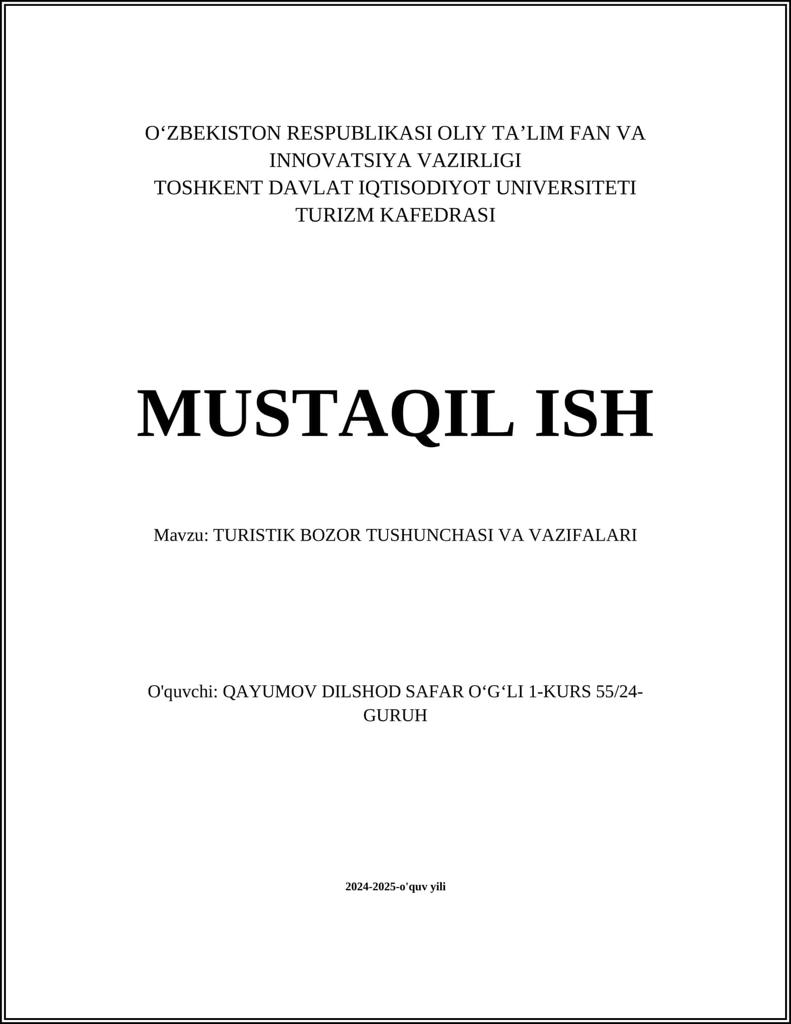 TURISTIK BOZOR TUSHUNCHASI VA VAZIFALARI