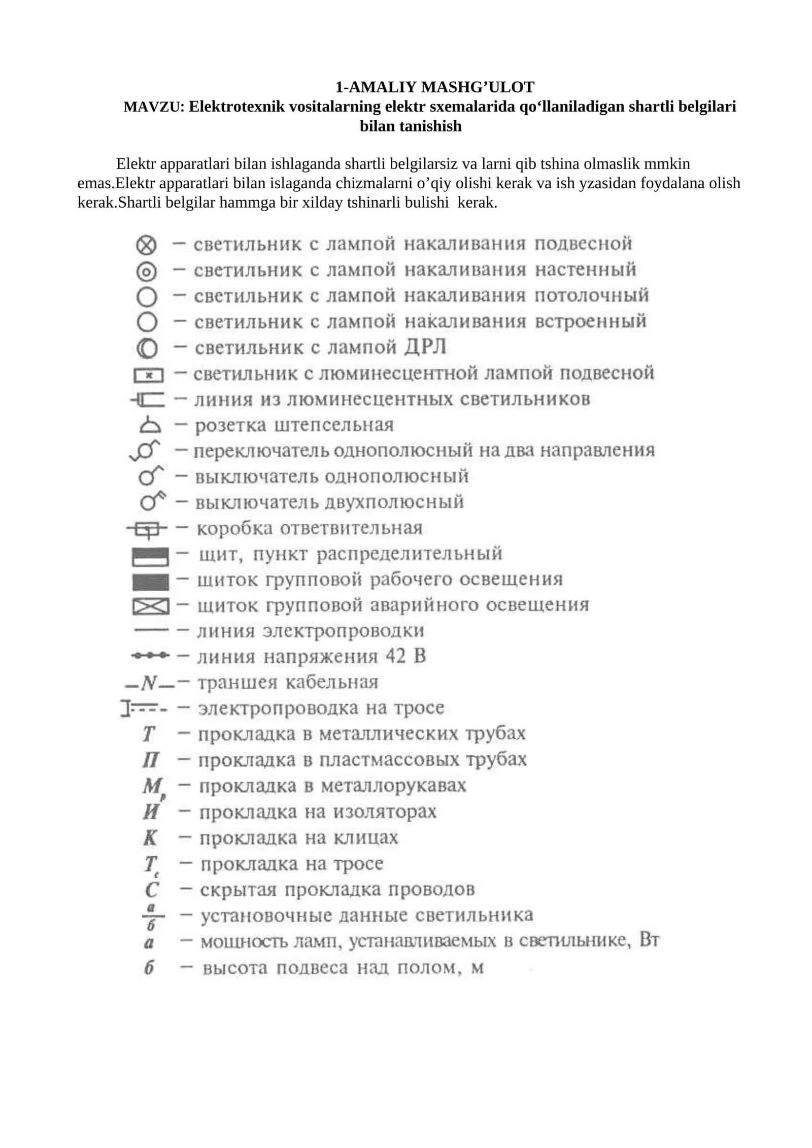 Elektrotexnik vositalarning elektr sxemalarida qo‘llaniladigan shartli belgilari