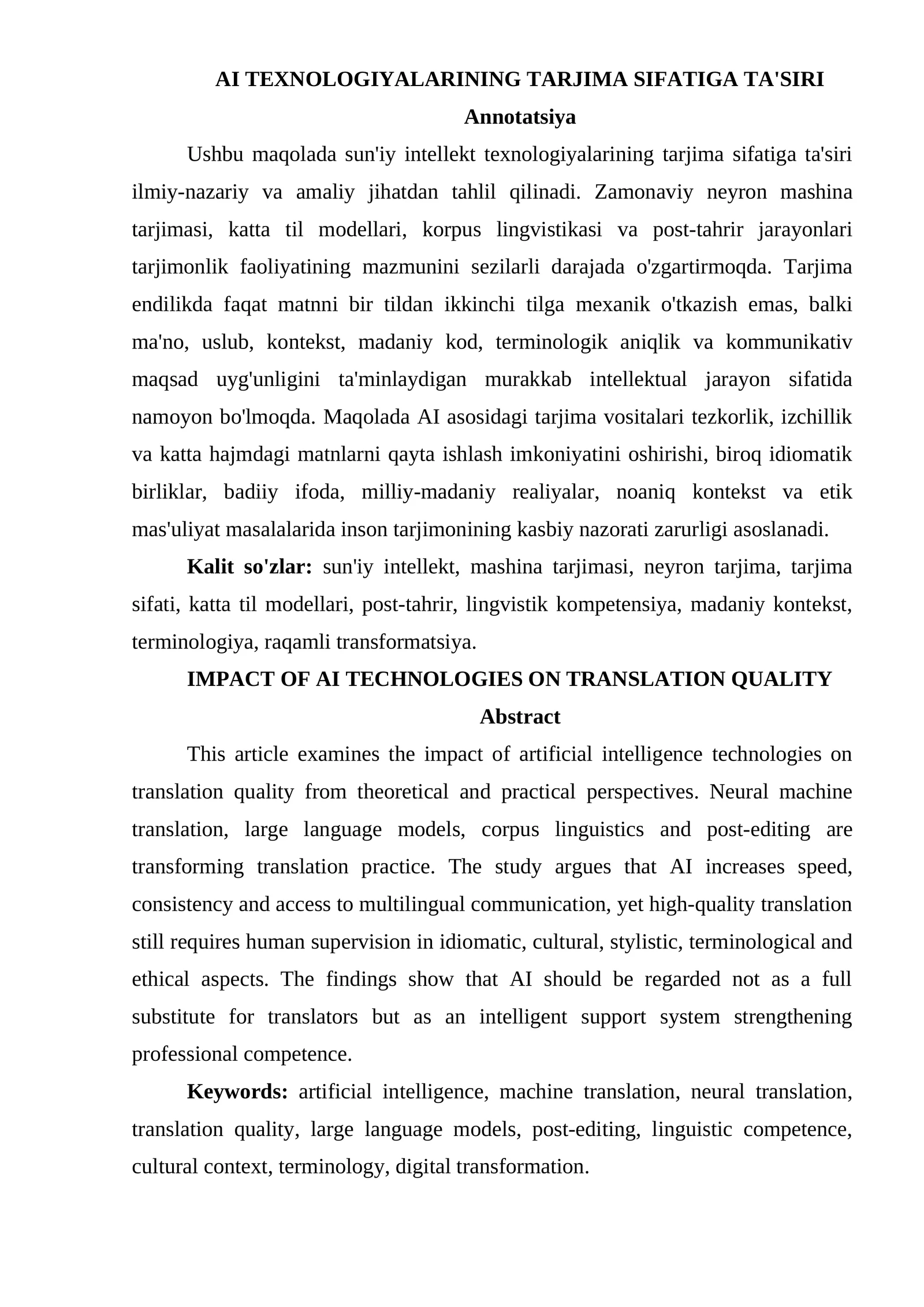 AI TEXNOLOGIYALARINING TARJIMA SIFATIGA TA'SIRI