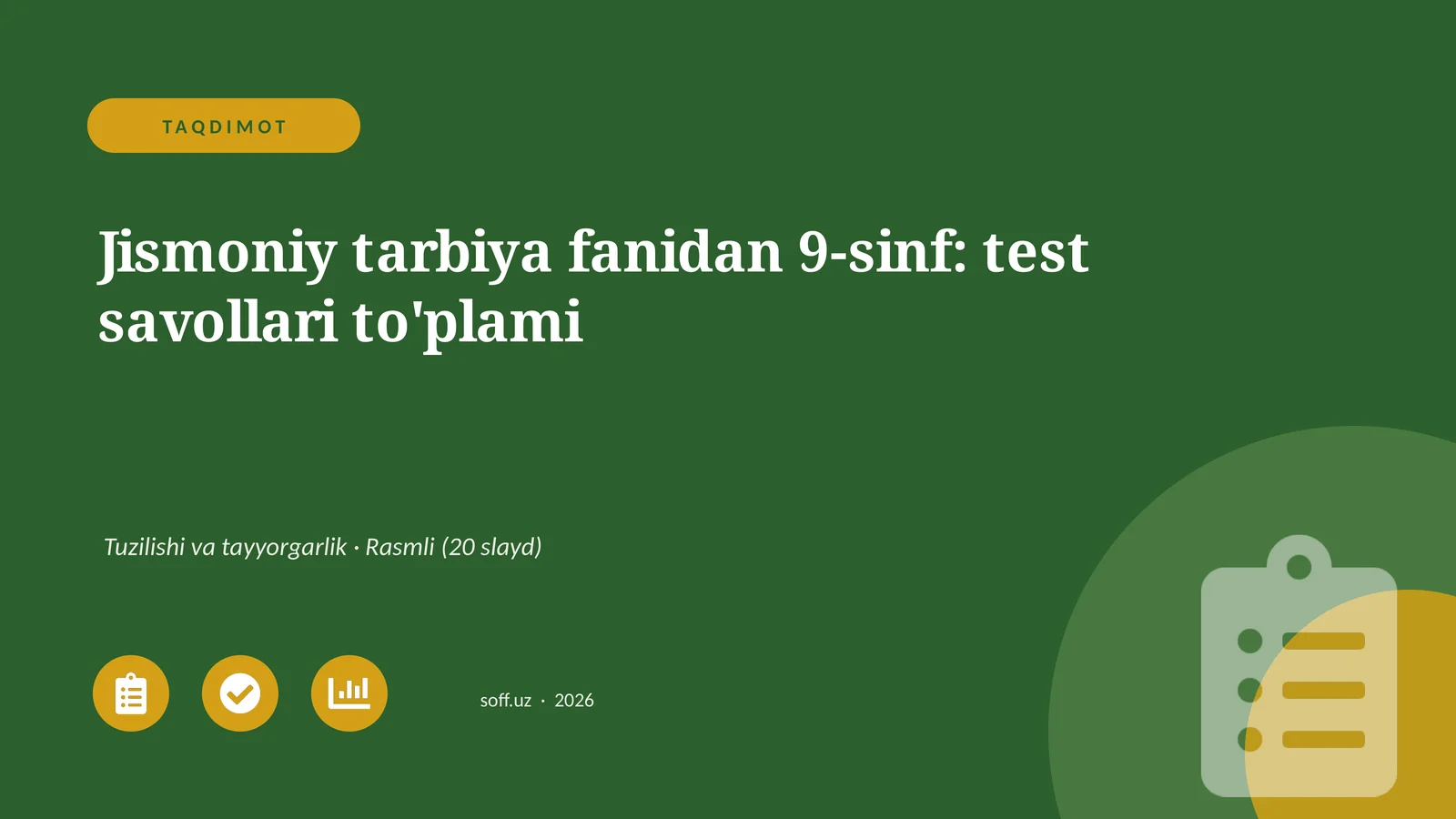 Jismoniy tarbiya fanidan 9-sinf: test savollari to'plami