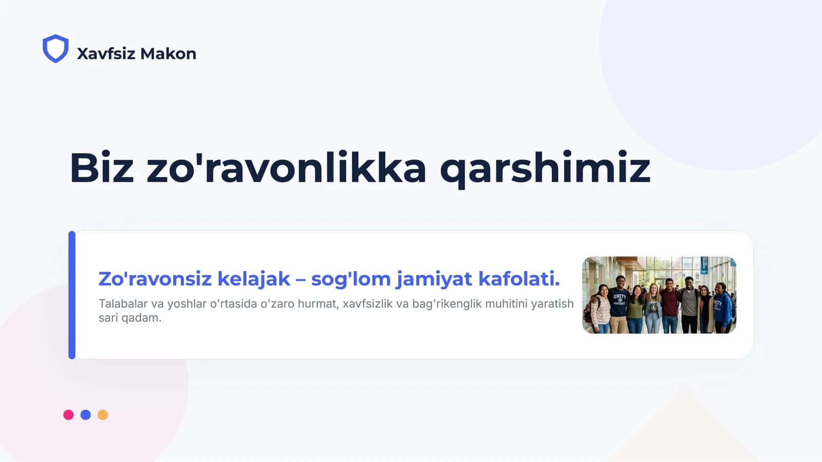 Biz zo'ravonlikka qarshimiz | Zo'ravonsiz kelajak – sog'lom jamiyat kafolati.