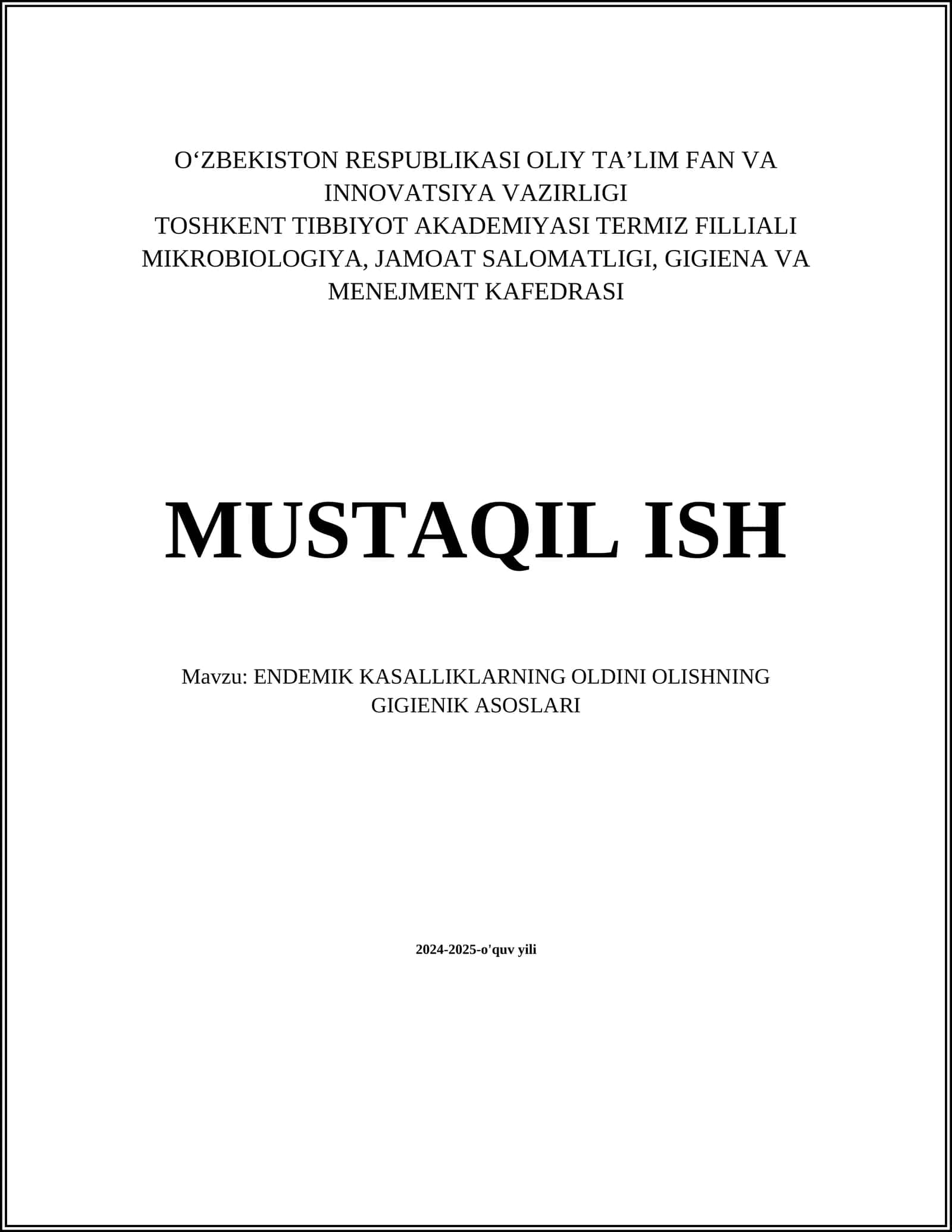 ENDEMIK KASALLIKLARNING OLDINI OLISHNING GIGIENIK ASOSLARI