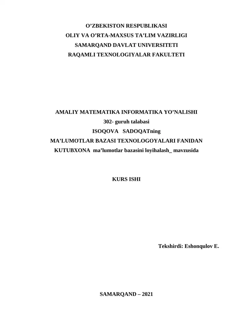 KUTUBXONA ma’lumotlar bazasini loyihalash