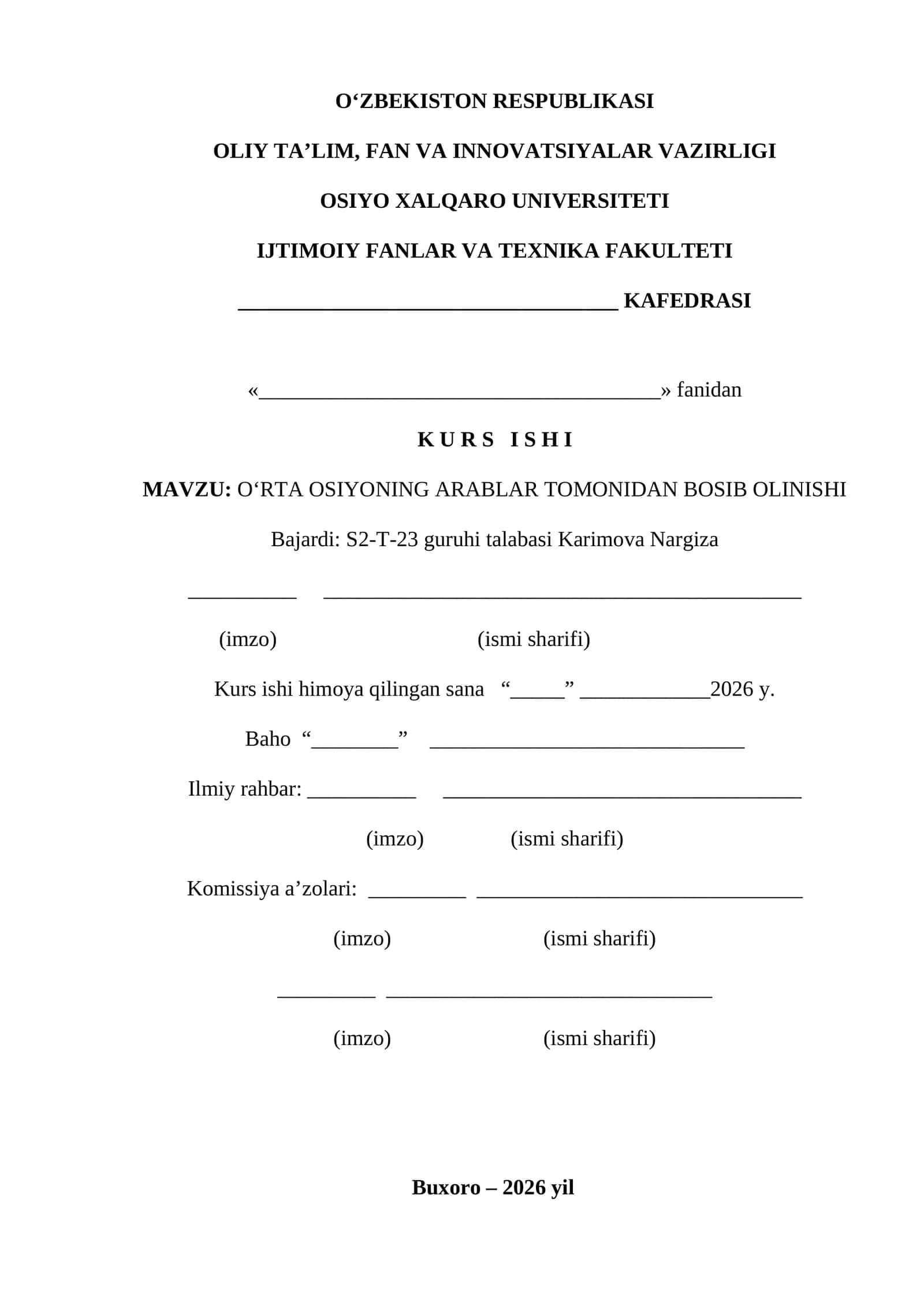 O‘RTA OSIYONING ARABLAR TOMONIDAN BOSIB OLINISHI