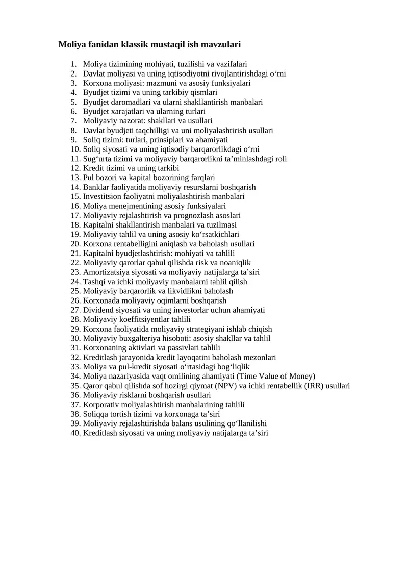 Moliya fanidan klassik mustaqil ish mavzulari