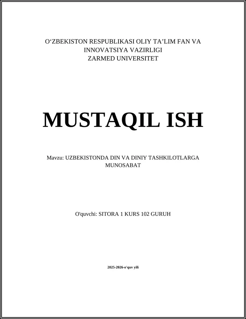 UZBEKISTONDA DIN VA DINIY TASHKILOTLARGA MUNOSABAT