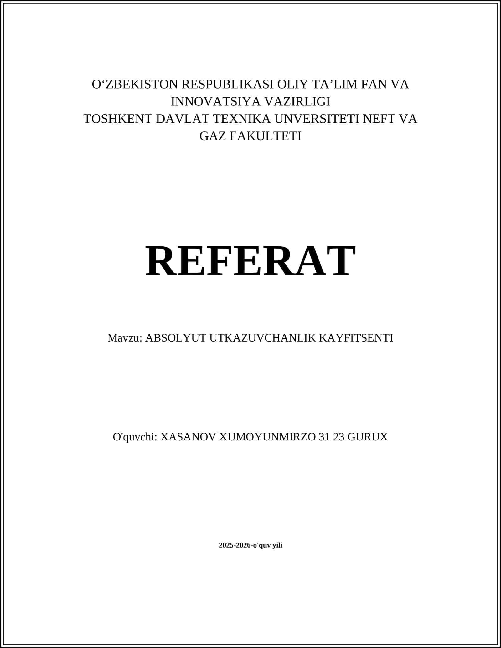 ABSOLYUT UTKAZUVCHANLIK KAYFITSENTI