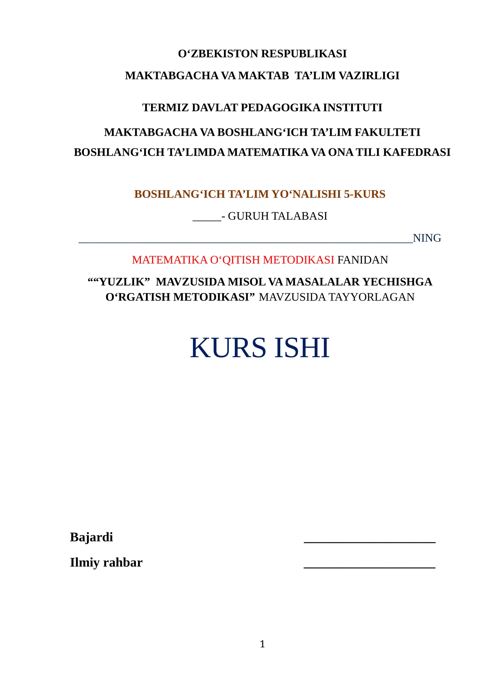 "YUZLIK" MAVZUSIDA MISOL VA MASALALAR YECHISHGA O‘RGATISH METODIKASI