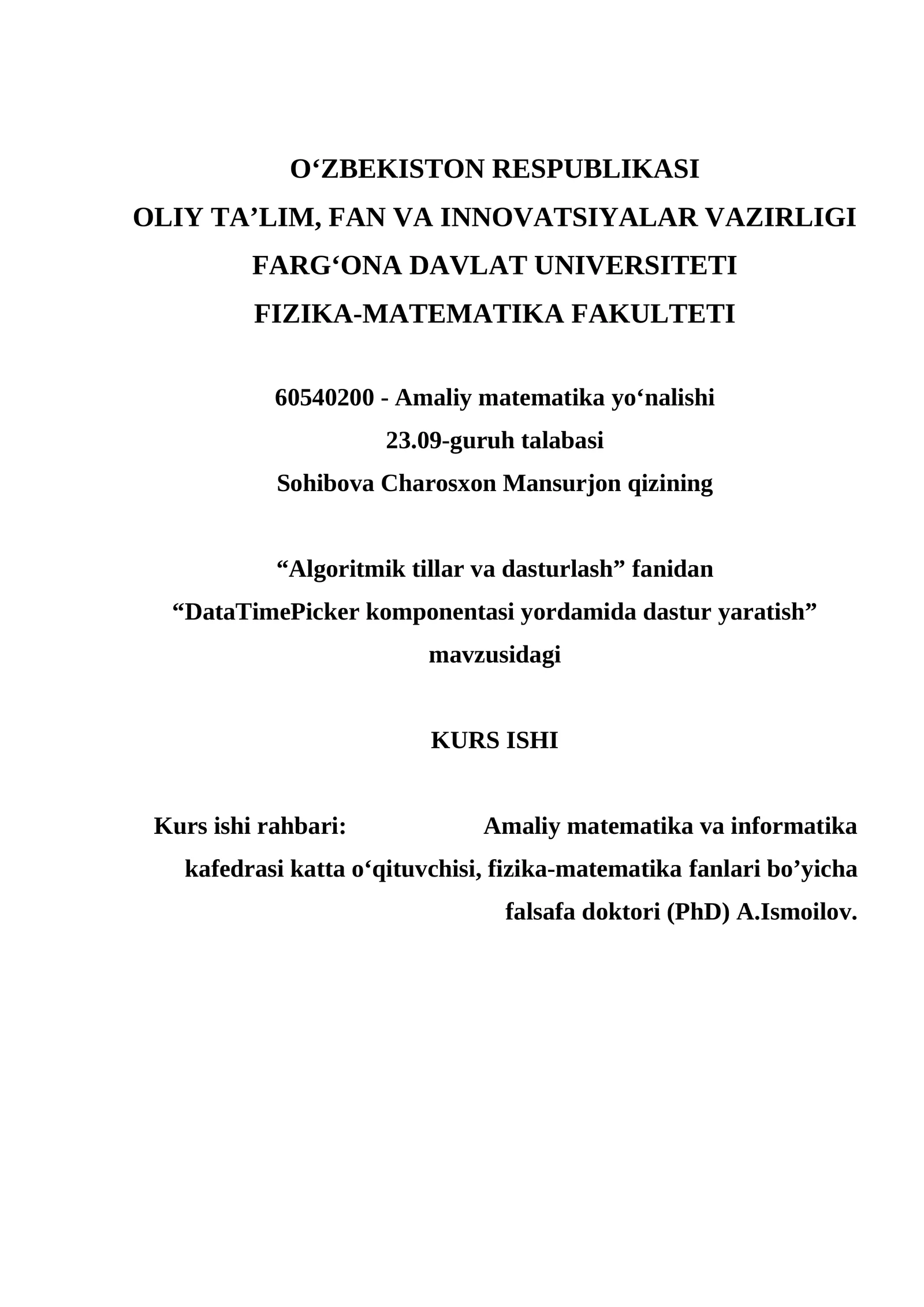 DataTimePicker komponentasi yordamida dastur yaratish