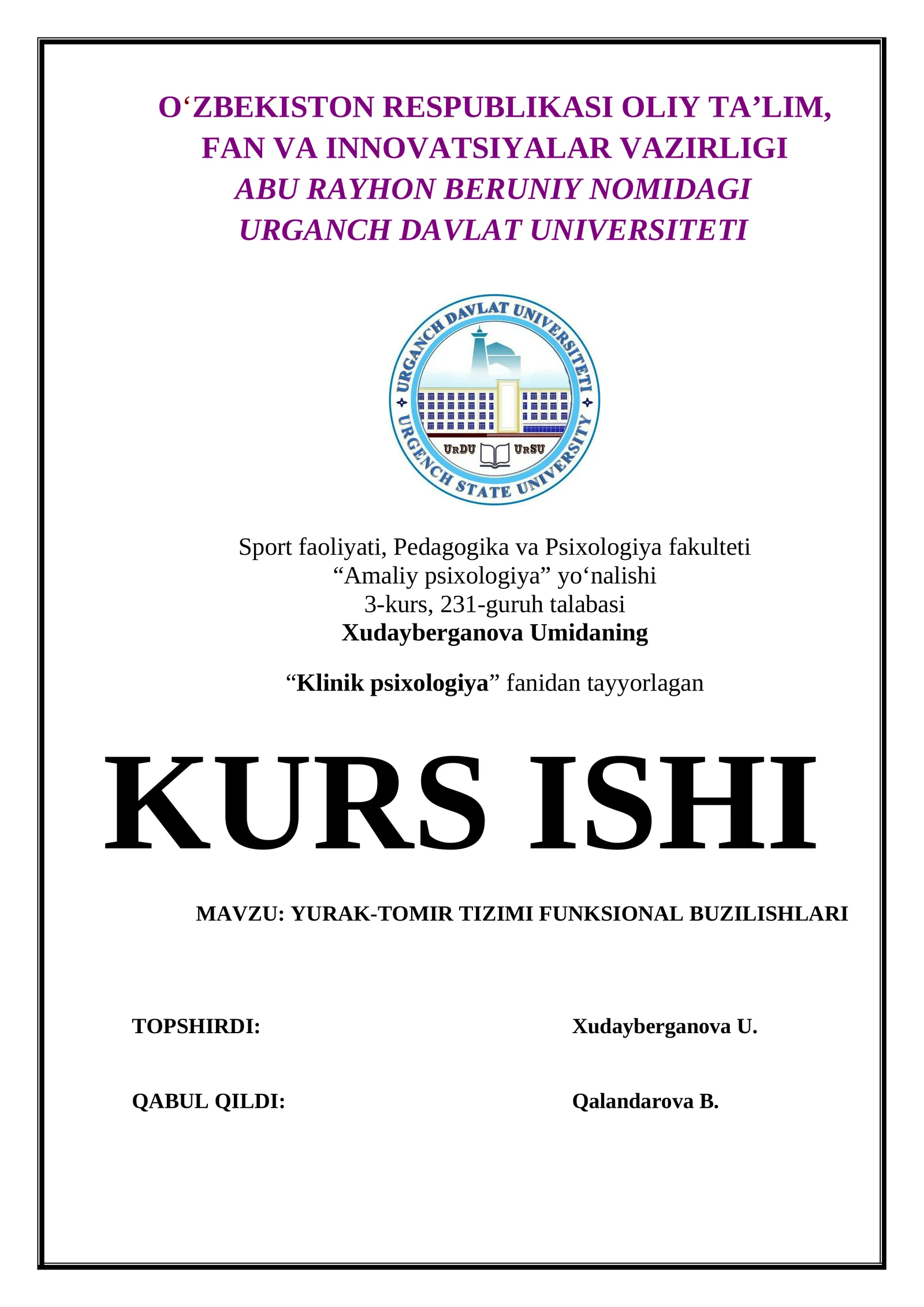 YURAK TOMIR TIZIMI FUNKSIONAL BUZILISHLARI . KURS ISHI