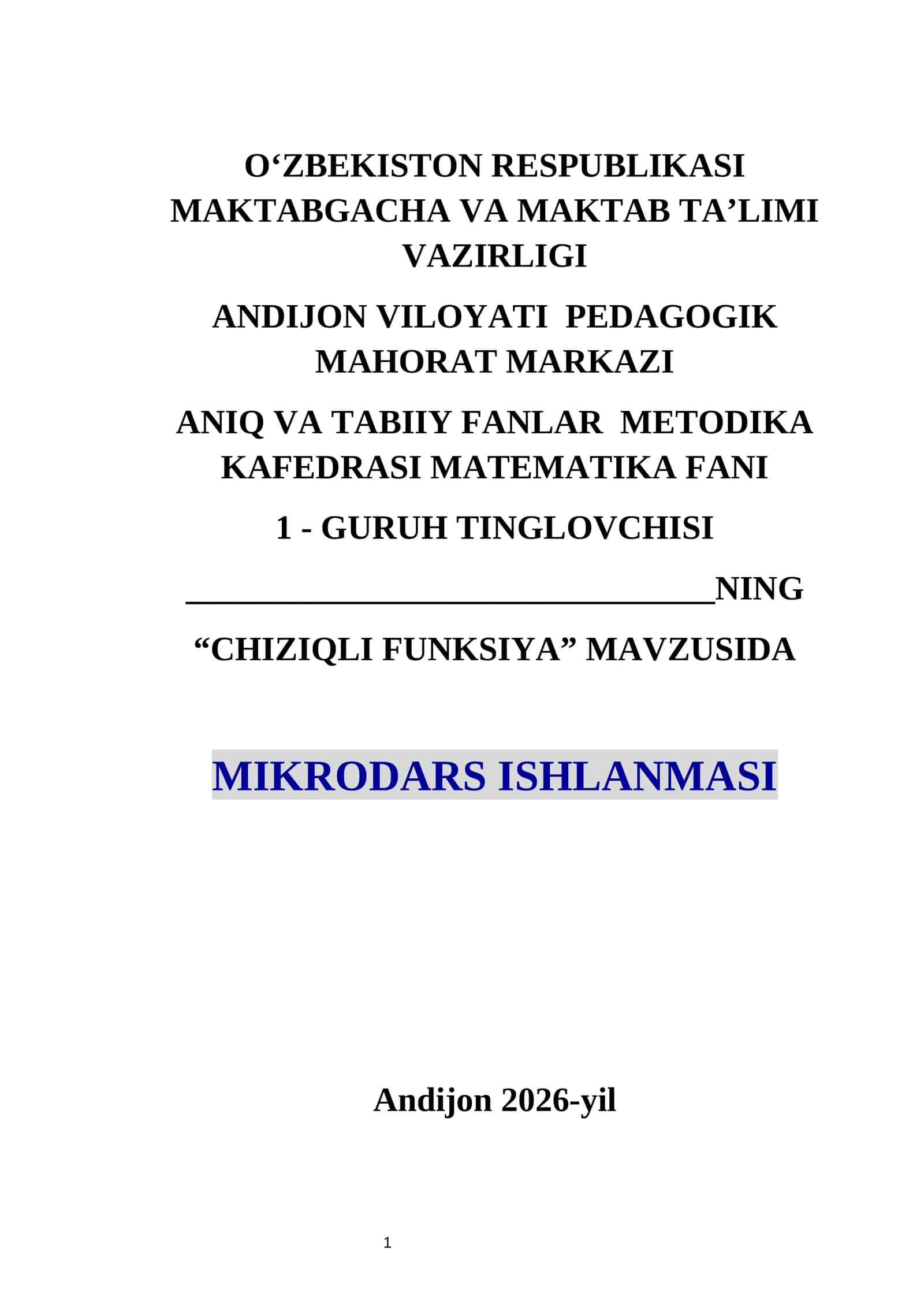 "Chiziqli funksiya va uning grafigi" mavzusida MIKRODARS ISHLANMASI