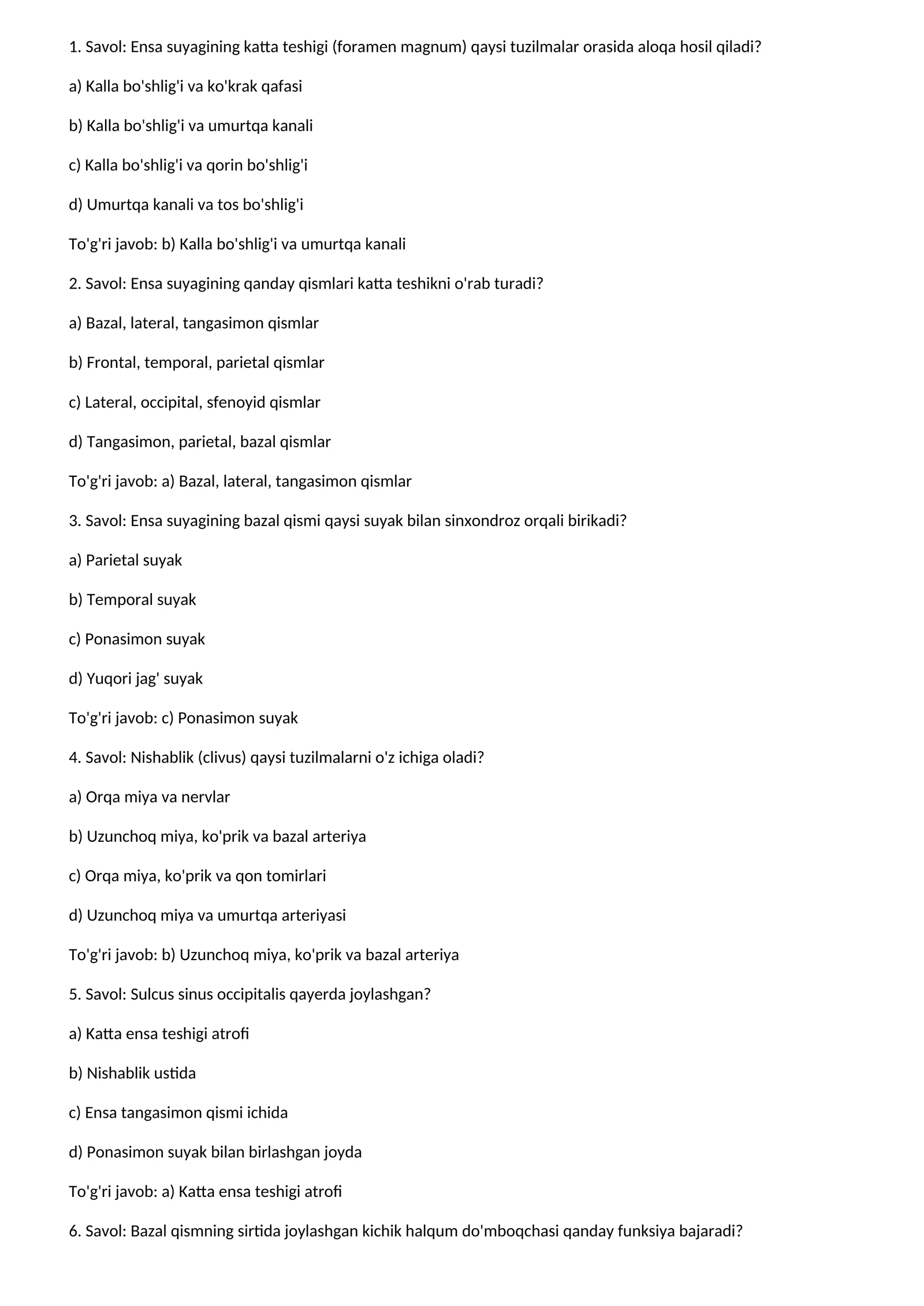 Ensa suyagi anatomiyasi test savollari