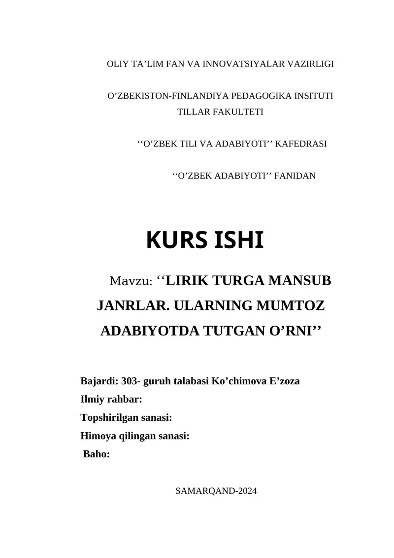 O'zbek Tili va Adabiyoti Kafedrasi Kurs Ishi