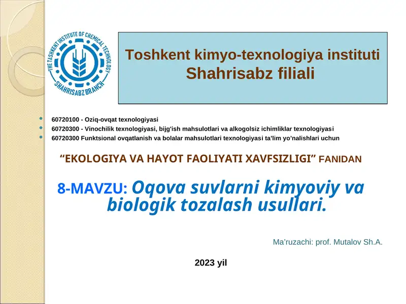 Oqova suvlarni kimyoviy va biologik tozalash usullari