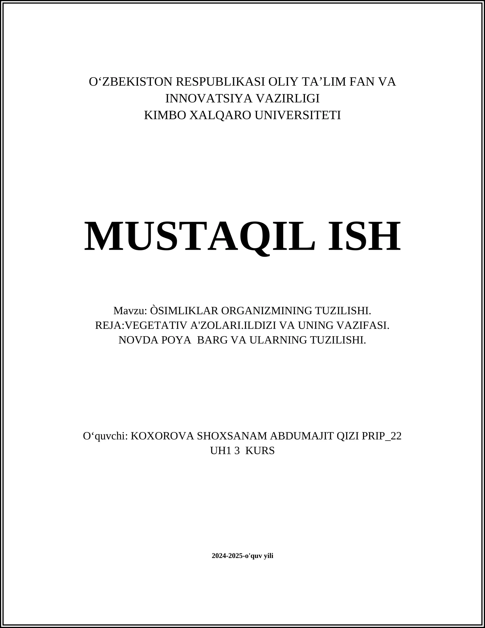 ÒSIMLIKLAR ORGANIZMINING TUZILISHI