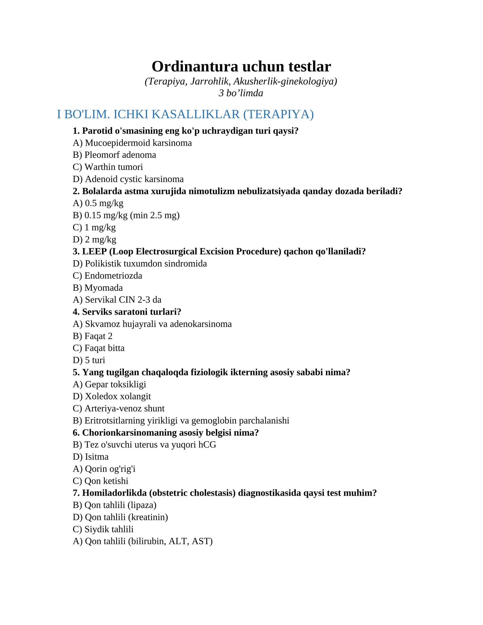Ordinantura uchun testlar