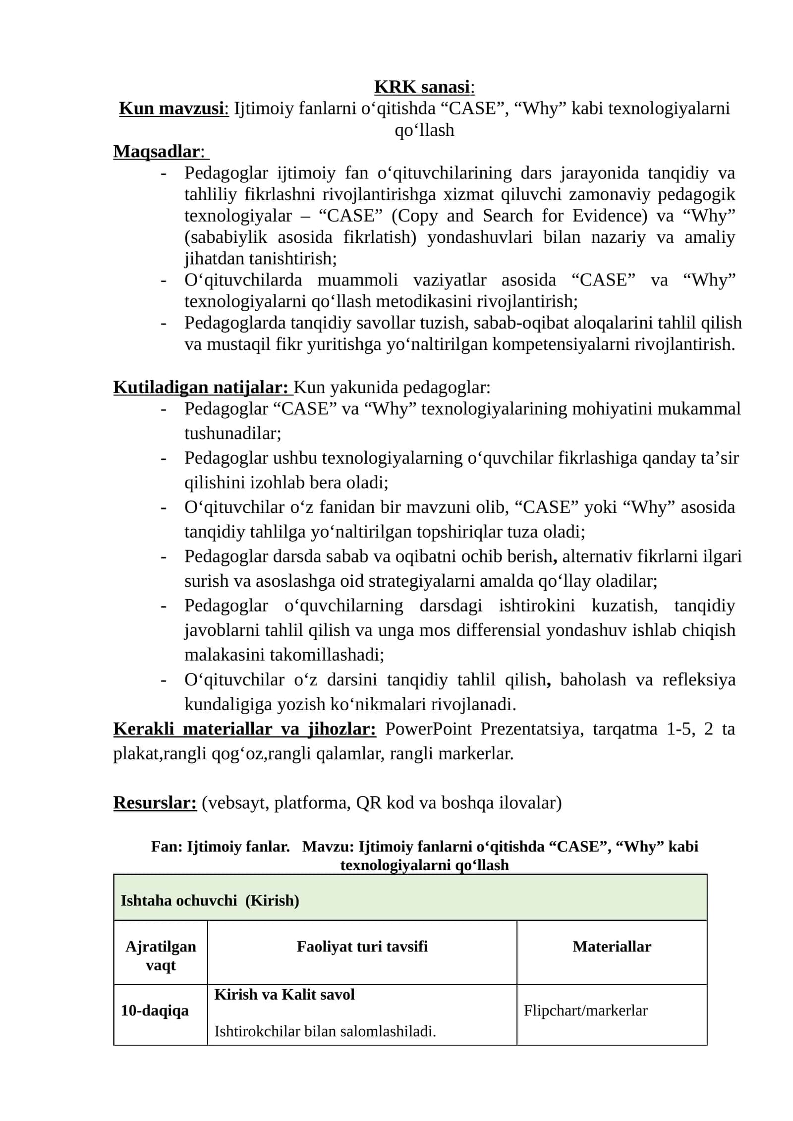 Ijtimoiy fanlarni oʻqitishda “CASE”, “Why” kabi texnologiyalarni qoʻllash