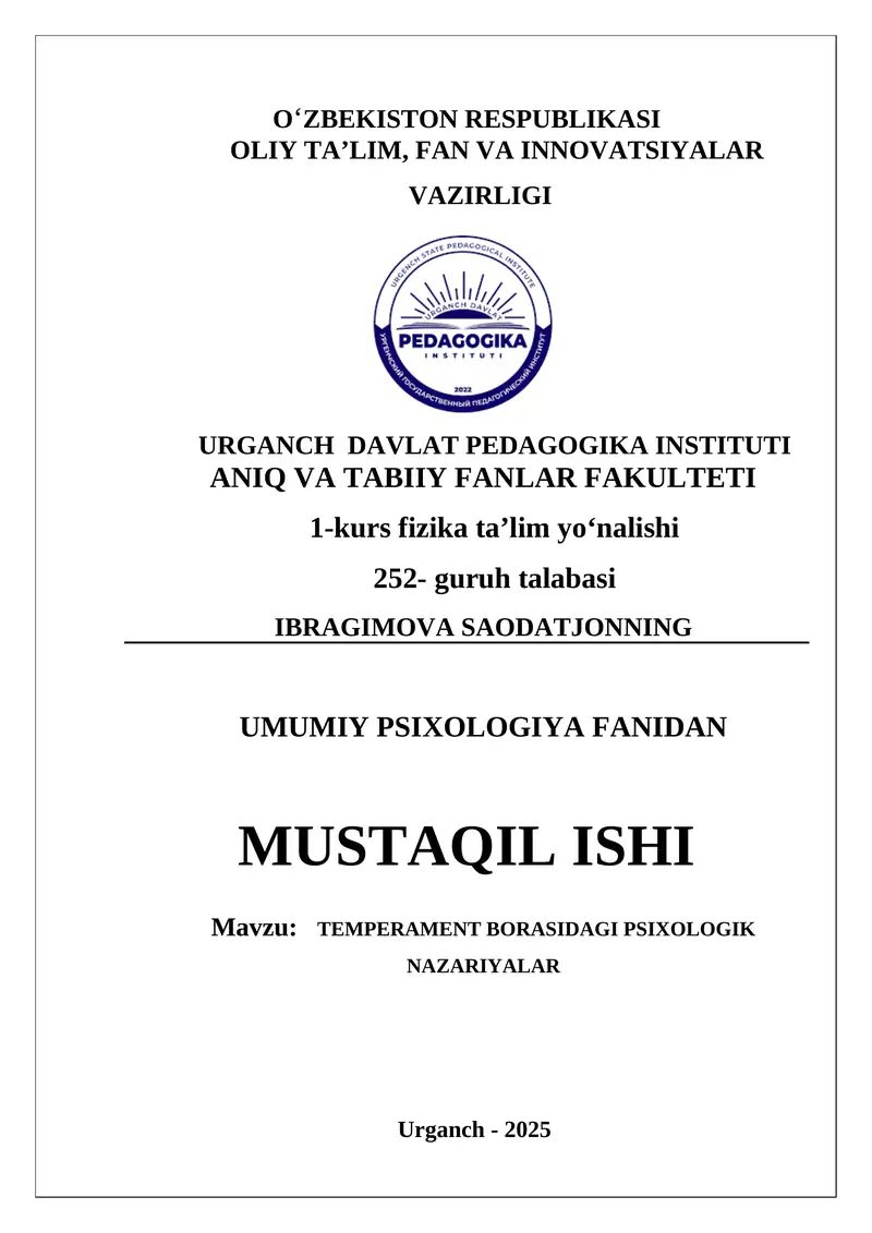 TEMPERAMENT BORASIDAGI PSIXOLOGIK NAZARIYALAR