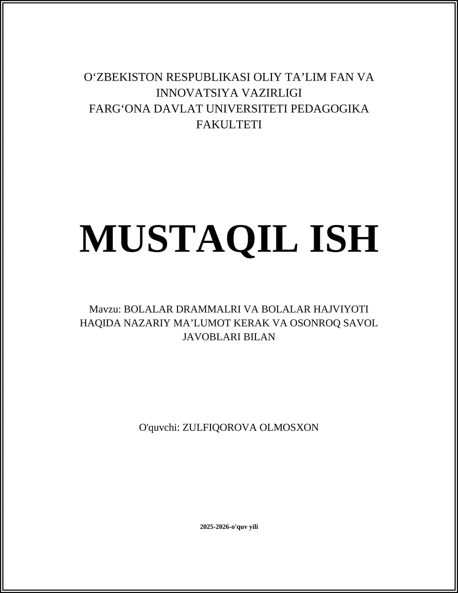 BOLALAR DRAMMALARI VA BOLALAR HAJVIYOTI HAQIDA NAZARIY MAʼLUMOT