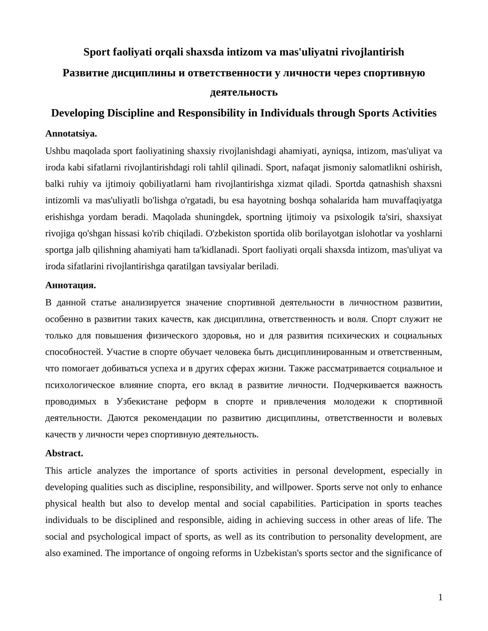 Sport faoliyati orqali shaxsda intizom va mas'uliyatni rivojlantirish
