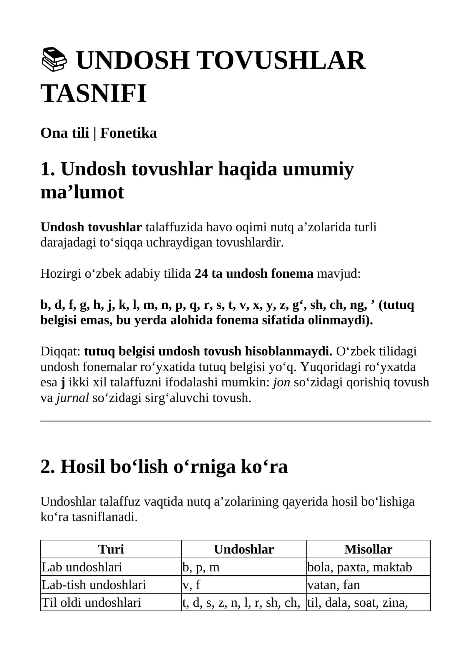 Undosh tovushlar - Ona tili