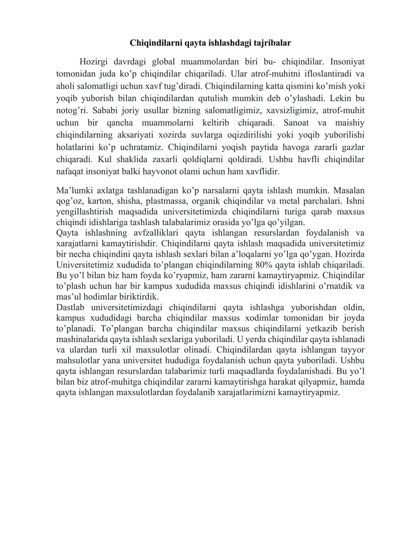 Chiqindilarni qayta ishlashdagi tajribalar