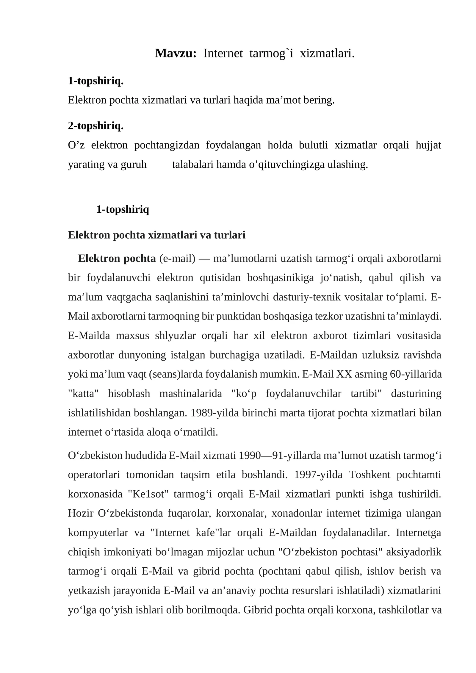 Internet tarmog`i xizmatlari