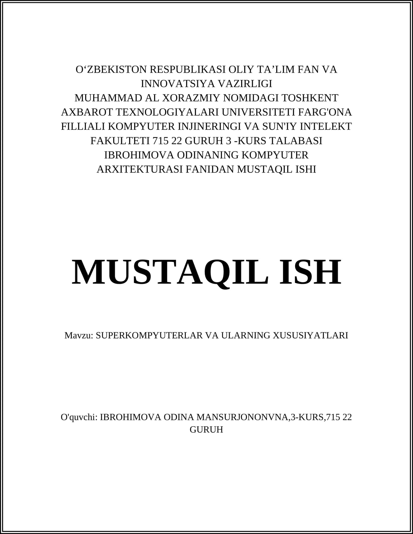 SUPERKOMPYUTERLAR VA ULARNING XUSUSIYATLARI
