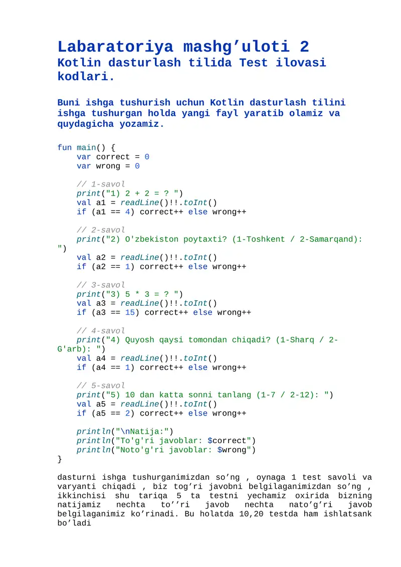 Kotlin dasturlash tilida Test ilovasi