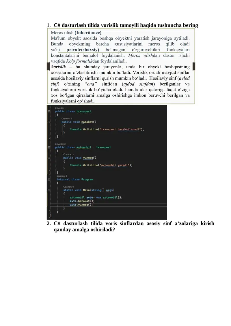 C# dasturlash tilida vorislik, polimorfizm va ichma-ich sinflar