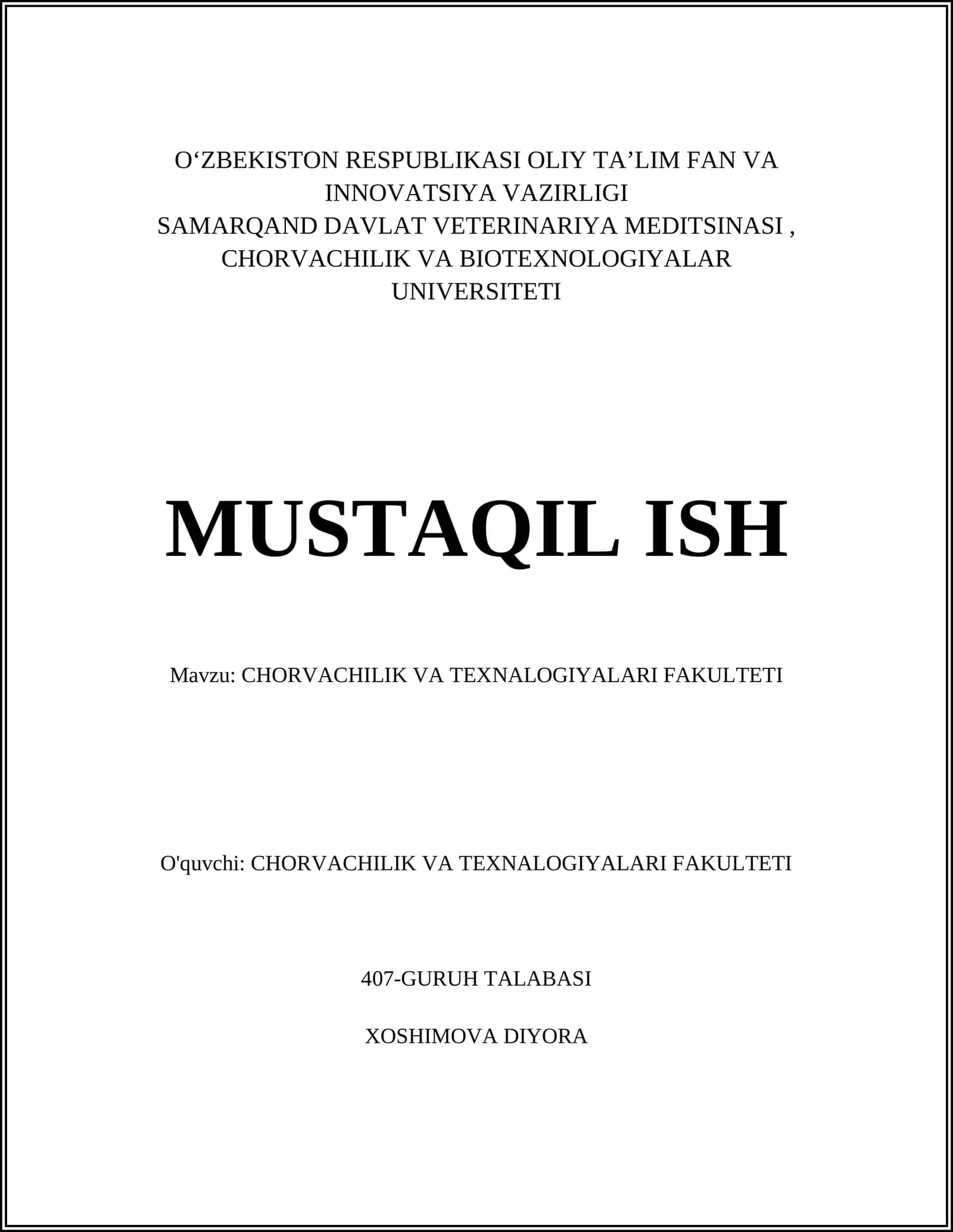 CHORVACHILIK VA TEXNALOGIYALARI FAKULTETI