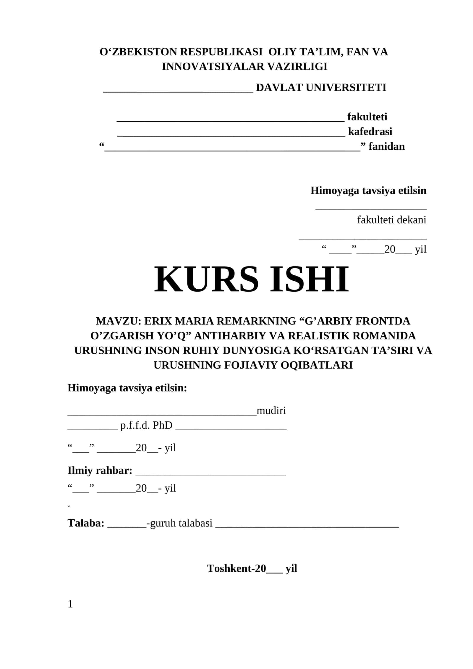 MAVZU: ERIX MARIA REMARKNING “G’ARBIY FRONTDA O’ZGARISH YO’Q” ANTIHARBIY VA REALISTIK ROMANIDA URUSHNING INSON RUHIY DUNYOSIGA KO‘RSATGAN TA’SIRI VA URUSHNING FOJIAVIY OQIBATLARI