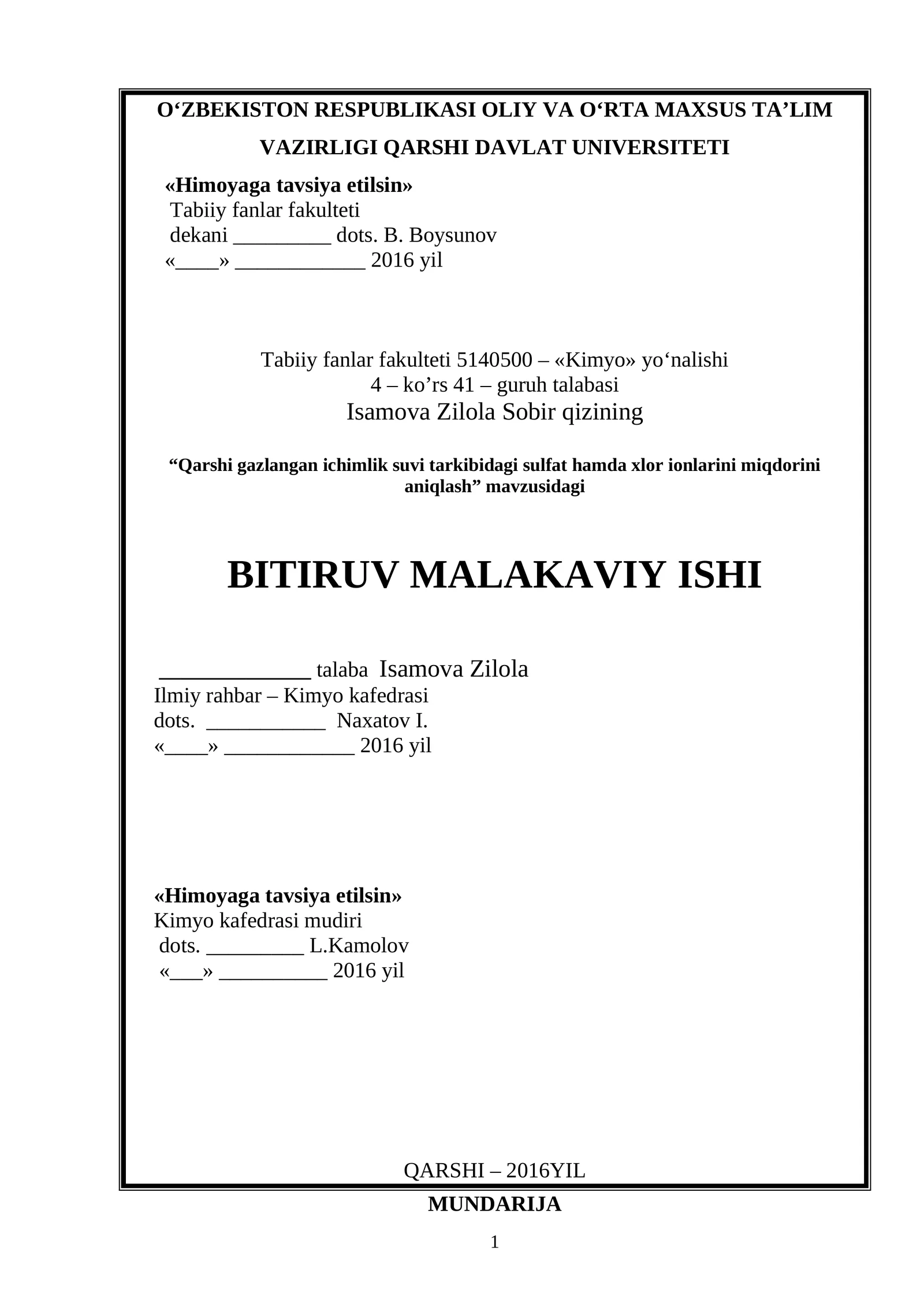 Qarshi gazlangan ichimlik suvi tarkibidagi sulfat hamda xlor ionlarini miqdorini aniqlash