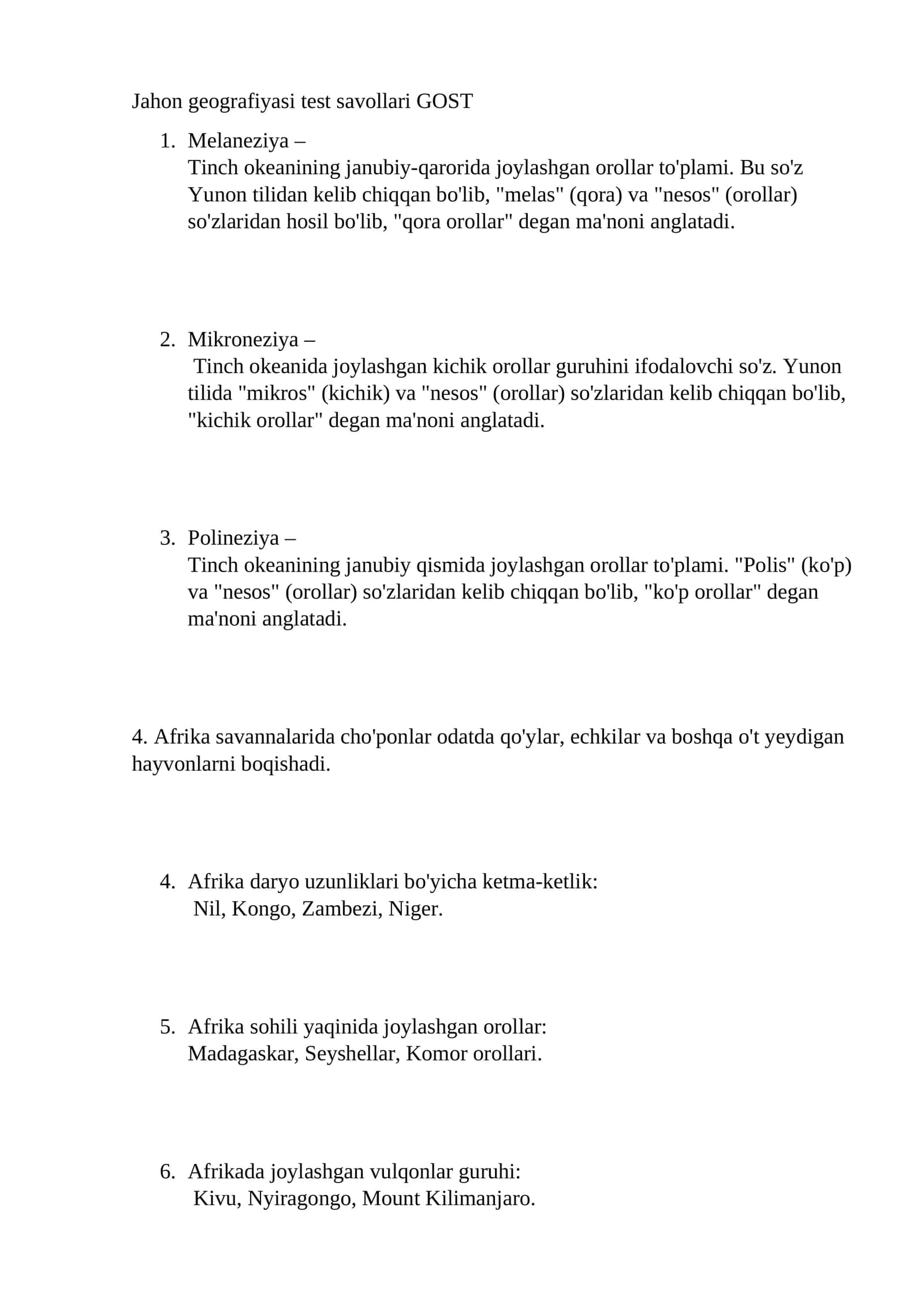 Jahon geografiyasi test savollari GOST