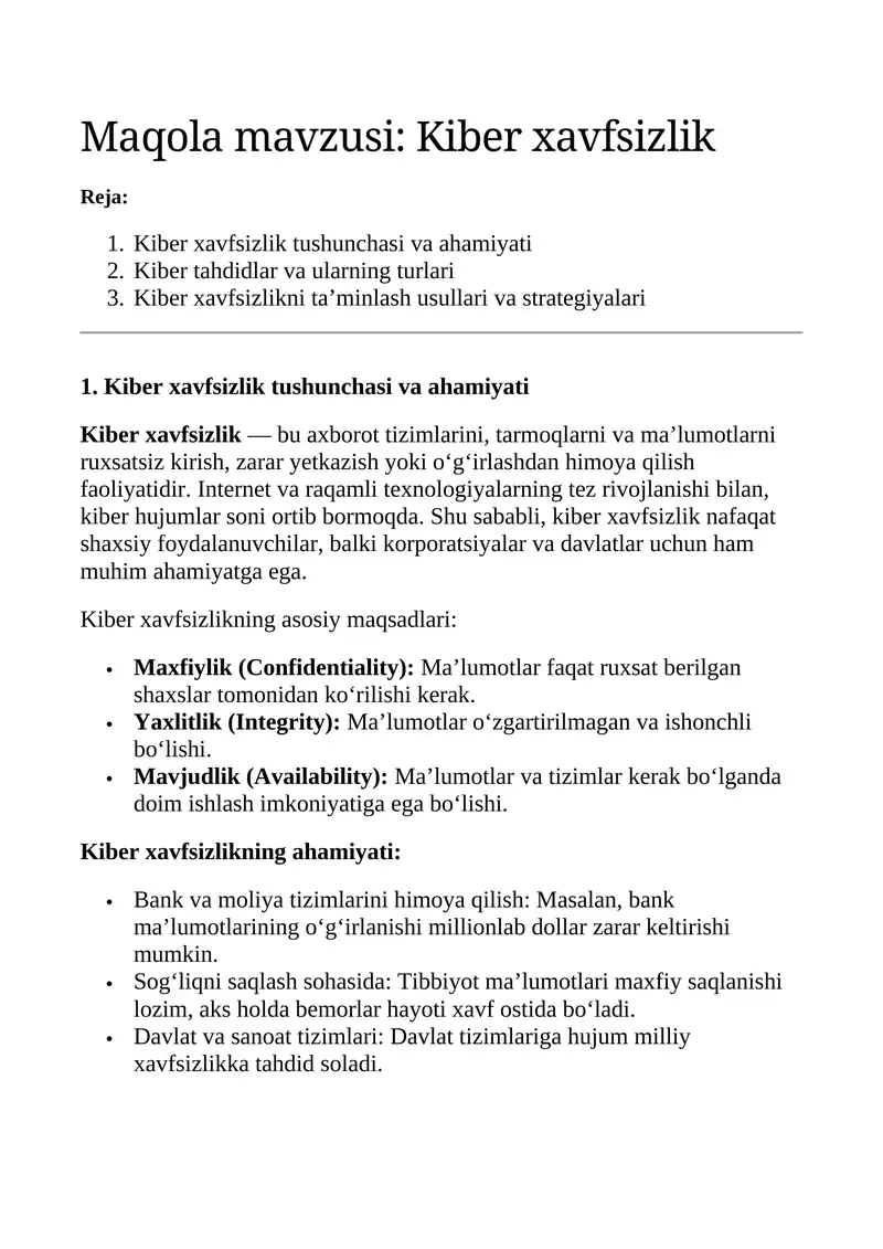 Kiberxavfsizlik bo'yicha maqola