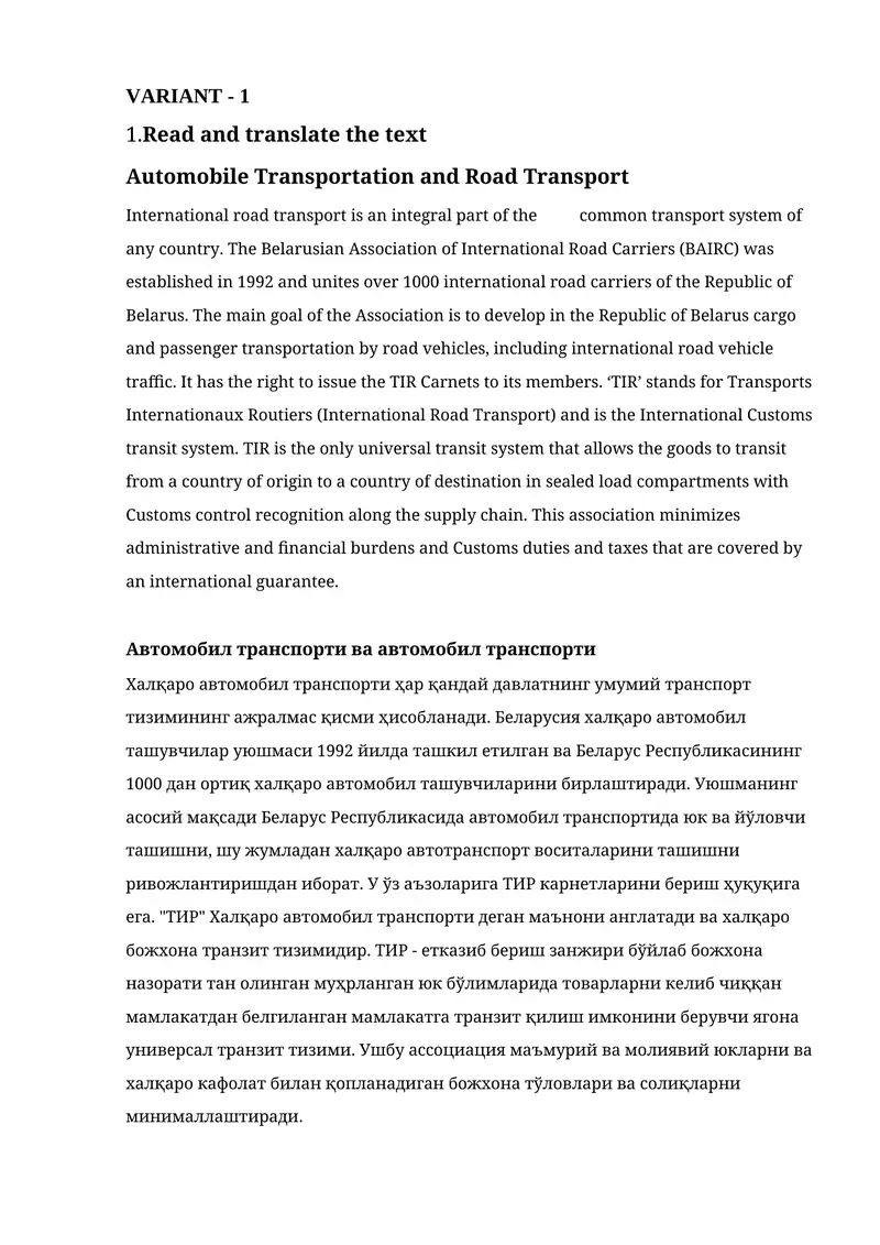 Automobile Transportation and Road Transport