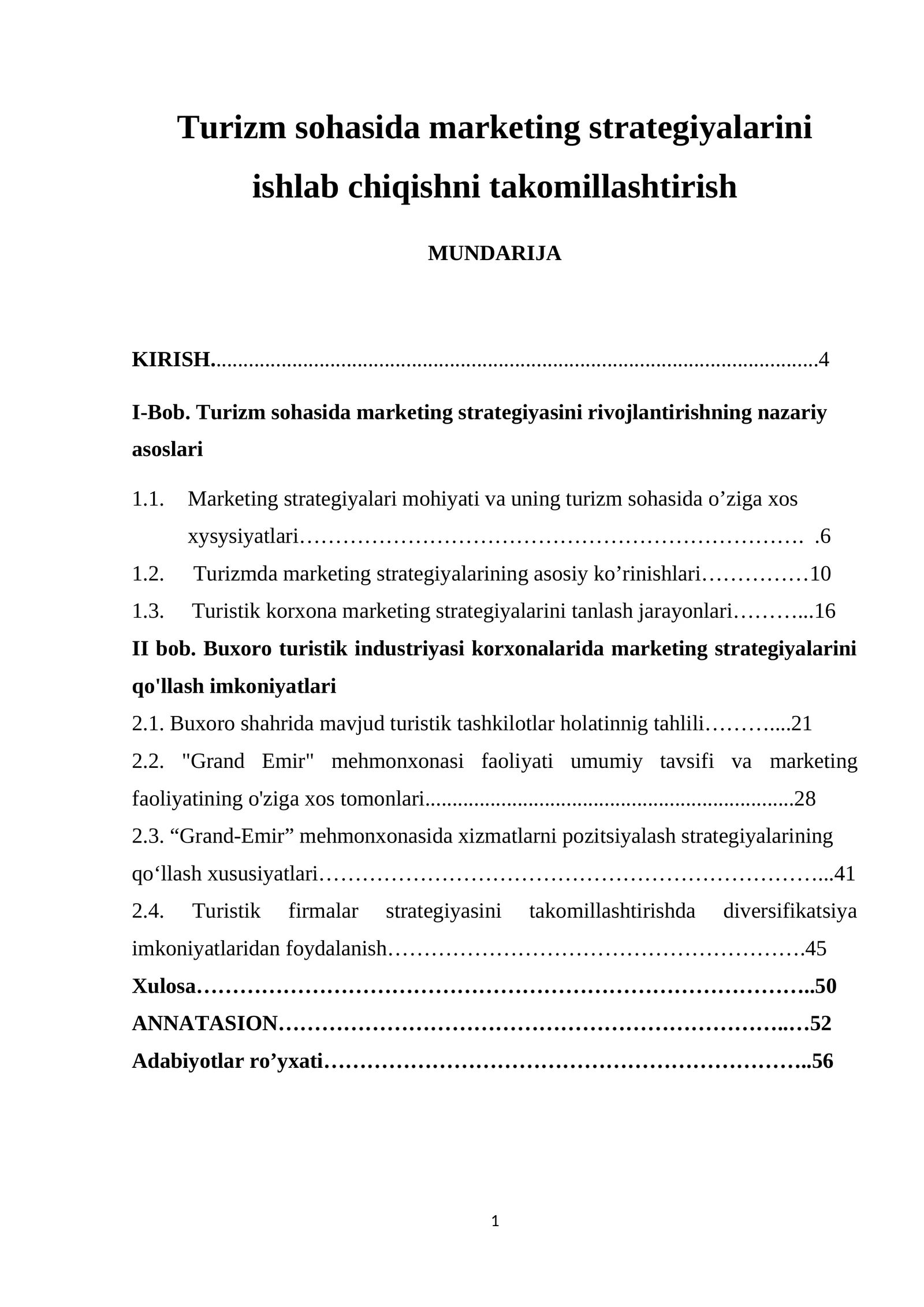 Turizm sohasida marketing strategiyalarini ishlab chiqishni takomillashtirish