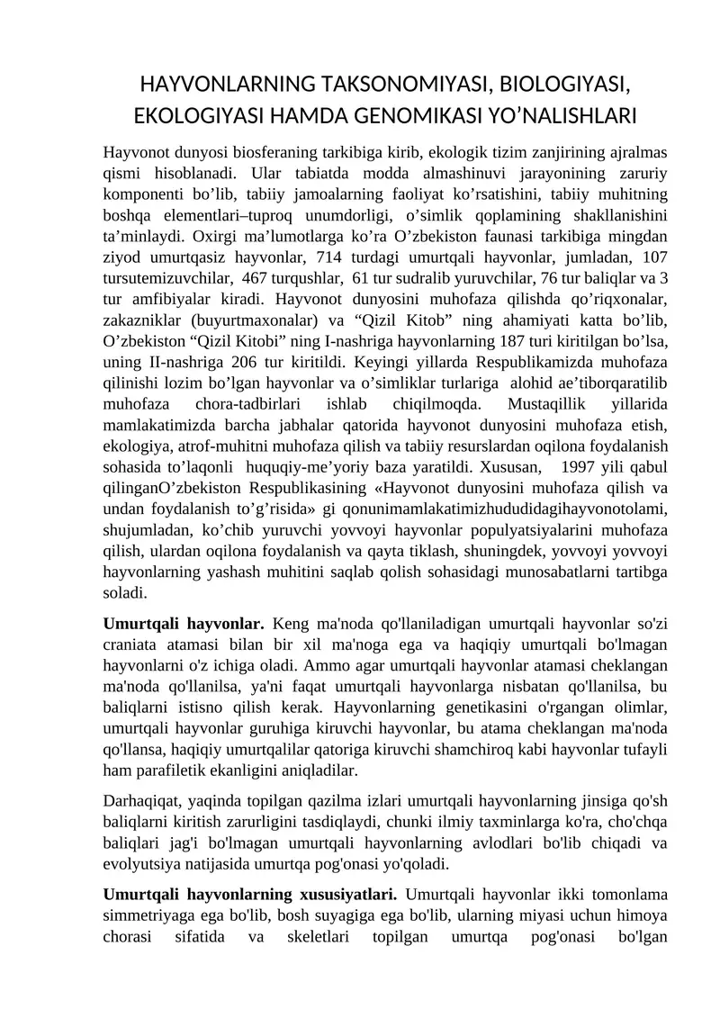 HAYVONLARNING TAKSONOMIYASI, BIOLOGIYASI, EKOLOGIYASI HAMDA GENOMIKASI YO’NALISHLARI