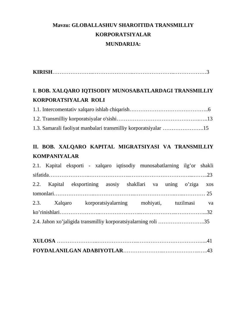 GLOBALLASHUV SHAROITIDA TRANSMILLIY KORPORATSIYALAR