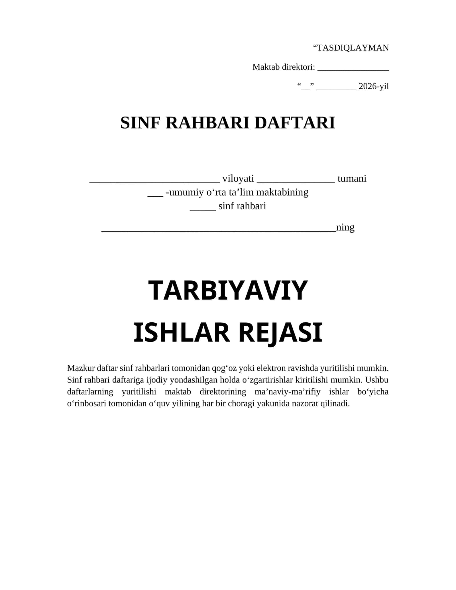 Sinf rahbari daftari va tarbiyaviy ishlar rejasi